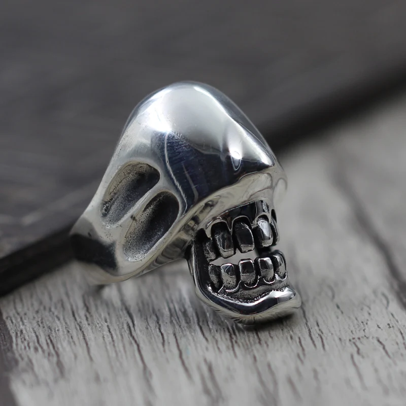 Pure Solid Silver 925 Gothic Skull Rings For Men Thick Wide Cuff Ring