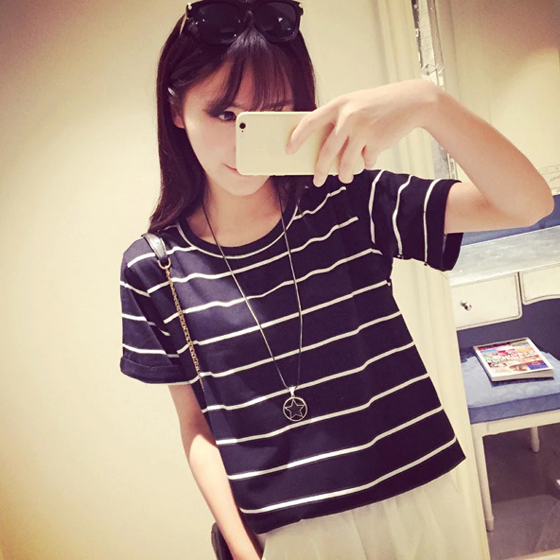 Classic Black White Stripe Short Sleeve Casual All-match Round Neck Tees T-shirt Tops For Women Ladies FS0583