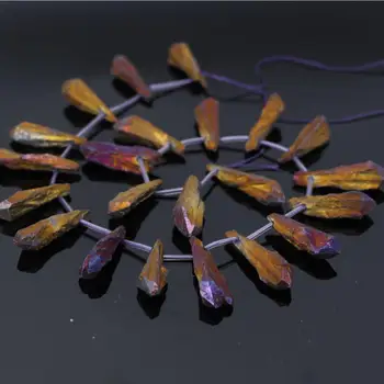 

15.5"Strand Gold Purple Titanium Druzy Quartz Crystal Geode Top Drilled Point Pendant Beads,Raw Crystal Spikes Stick Nugget Bead