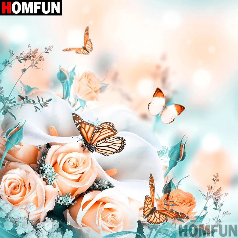 Алмазная 5D картина Homfun A10610 цветы бабочки вышивка крестиком полное покрытие
