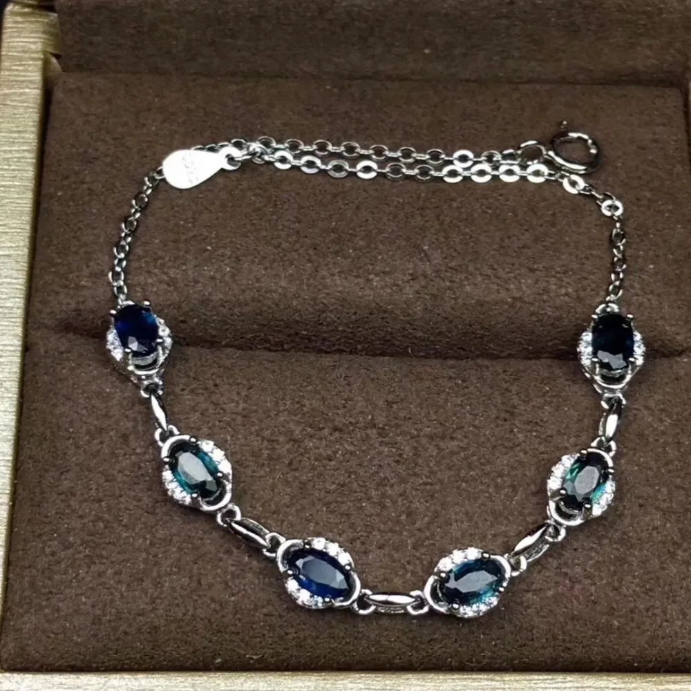  Saphir bleu naturel Bracelet rond élégant Bracelet de pierres précieuses naturelles 925 argent mode