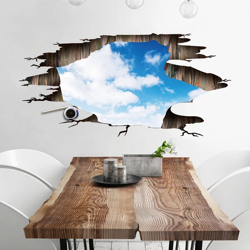 Through Wall Blue Sky White Clouds Wall Stickers Removable Landscape Wall Decals Ceiling Kids