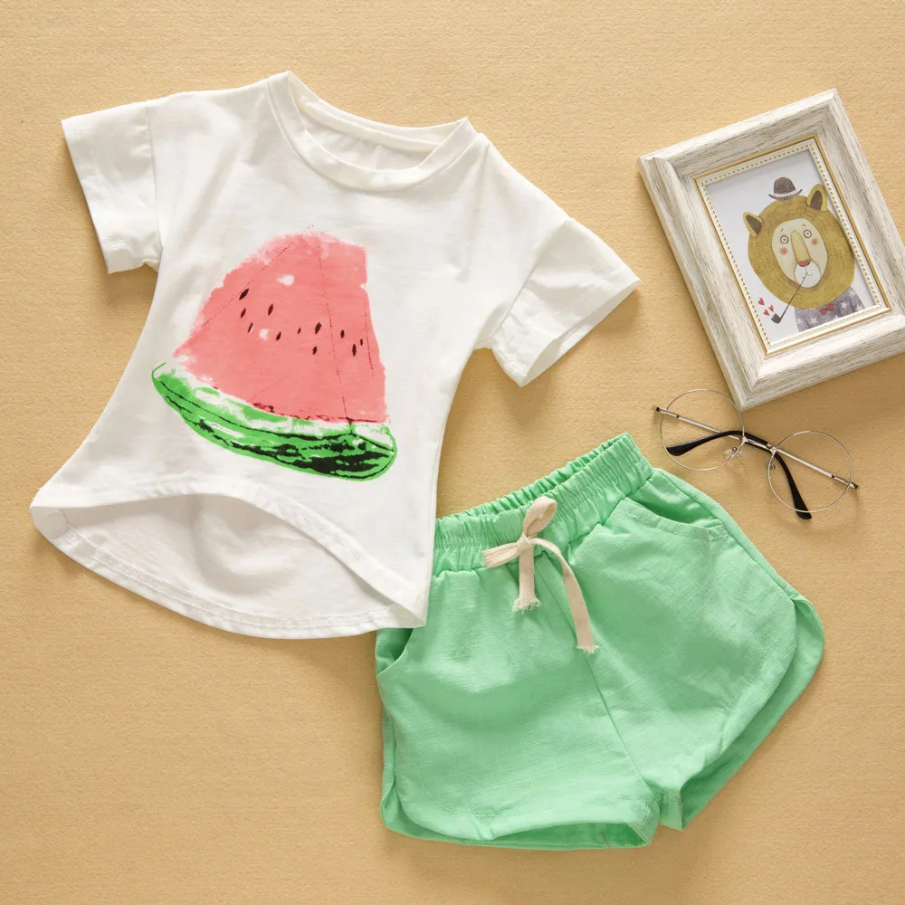 

Summer Girls clothes set Watermelon print Tops O-Neck Short Sleeves T-shirt+Shorts Set Outfits Toddler Baby Kids for girls A1