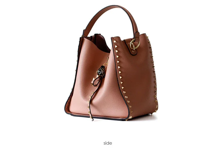 

Hot Selling 2019 Famous Brand Designer Women's Bucket Bag Genuine Leather Ladies Rivet Handbags Female Shoulder Bag