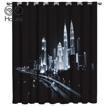 

COCOHouse Night Architecture Street Window Curtains Dark Curtain Rod Kitchen Fabric Window Treatment Valances Window Treatment