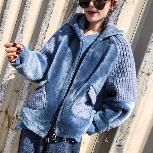 2018 New Style Real Natural Rex Rabbit Fur Coat Knitting Long Sleeve Double-faced Fur Loose Jacket Real Fur Hooded Coat Women