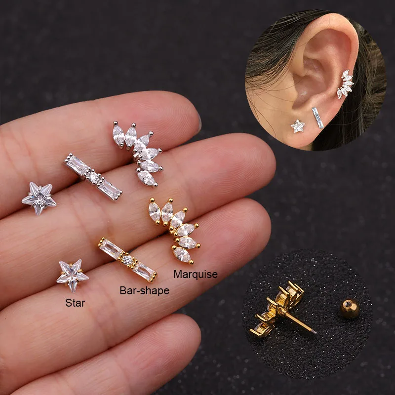 

Sellsets 1Pc Cz Star Bar Marquise Cartilage Stud Helix Piercing Jewelry Tragus Conch Rook Ear Lobe Screw Back Earring