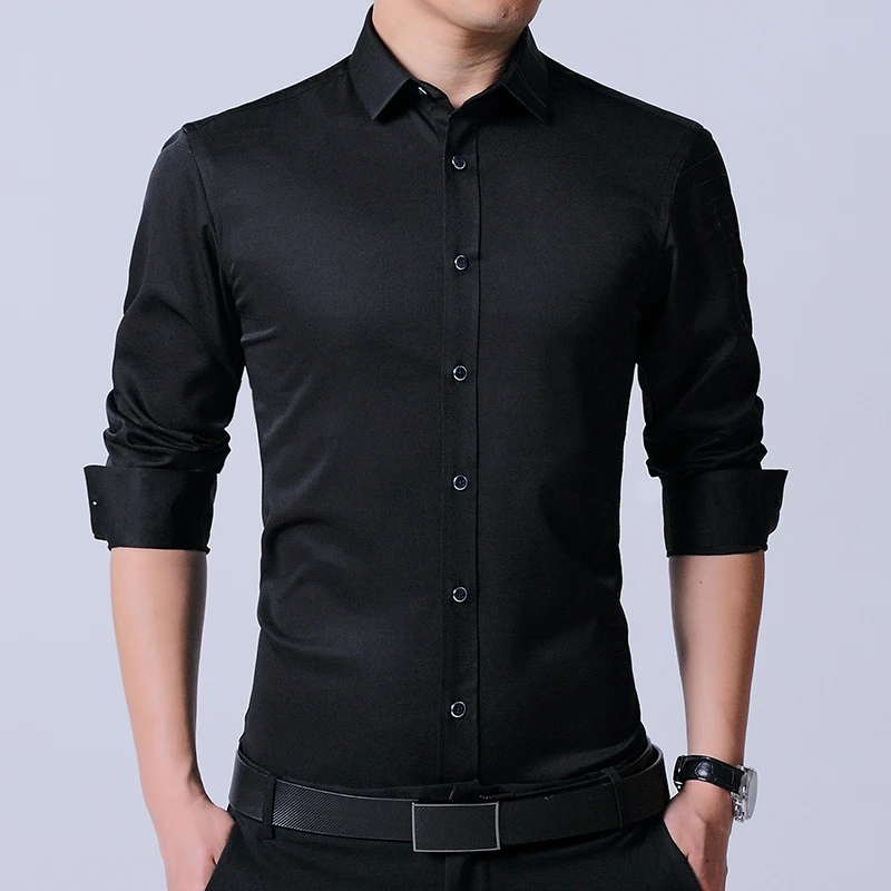 LANGMENG Men's Dress Shirt Brand 2017 Mens Slim Fit solid color black ...