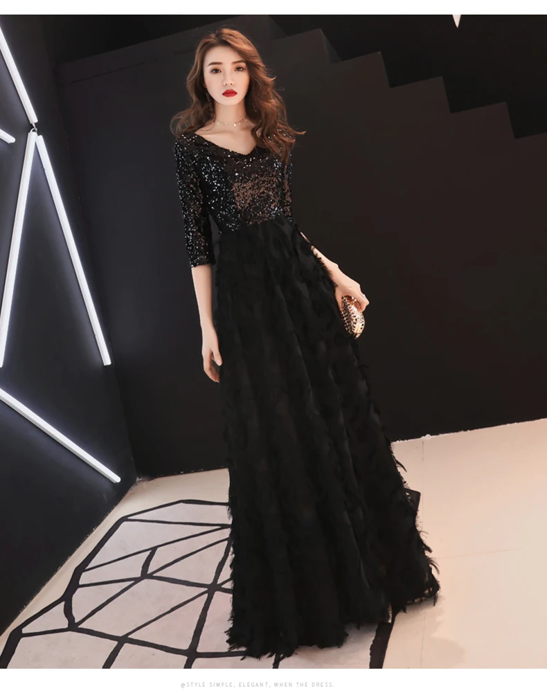 party gown weiyin Black Half Sleeves Backless A-line V-neck Zipper Draped Party Frocks Dresses Floor Length Evening Dresses WY951 petite formal dresses & gowns