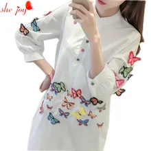 Новые милые blouseD рубашка Стенд Collor белый рубашка с длинными рукавами Для женщин 3D бабочка Chic одежда женский Вышивка blusas