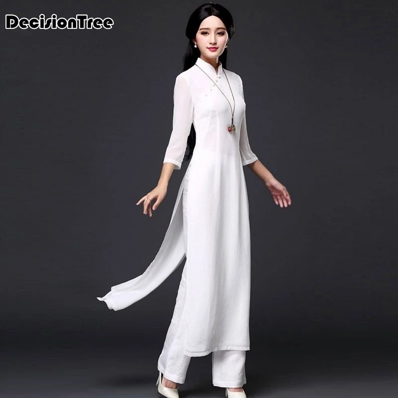 

2019 folk style wide leg pants suit two pieces vietnam chiffon aodai graceful stand collar elegant long