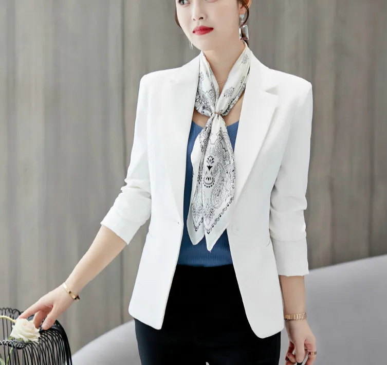 

New Spring Autumn Slim Fit Women Formal Jackets Office Work Suit Open Front Notched Ladies Solid Black Coat Fashion Coats Tops
