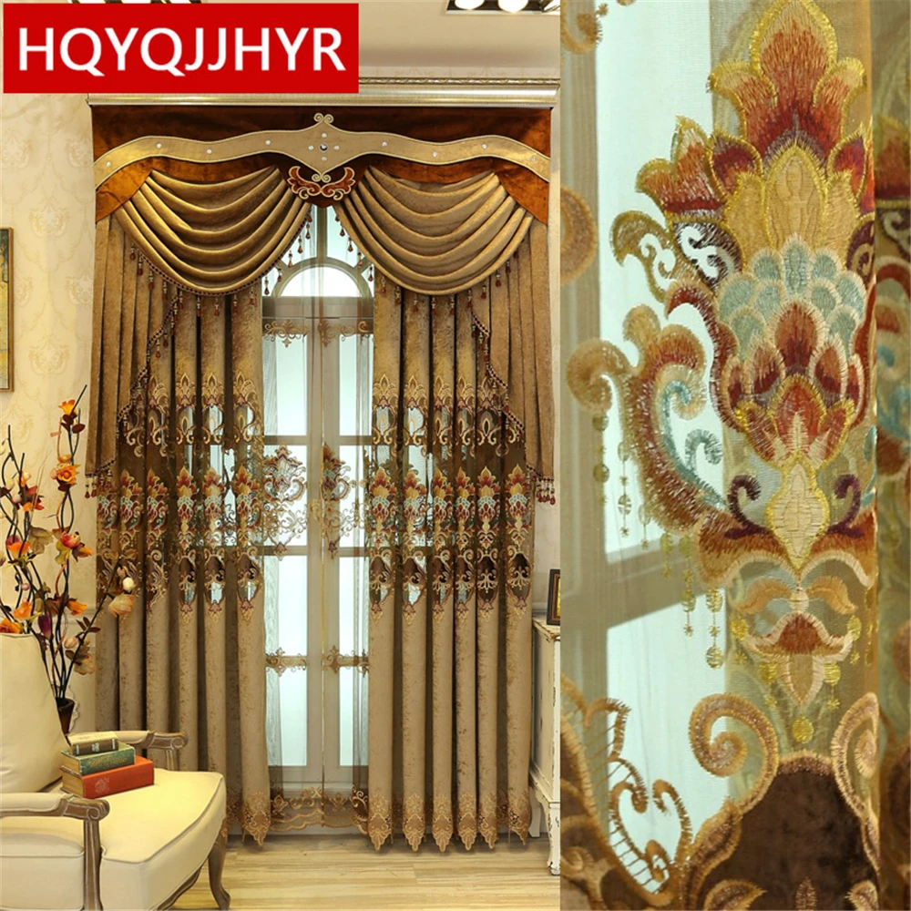 Royal classic European Brown Embroidered Curtains for Living Room with high end Custom Voile