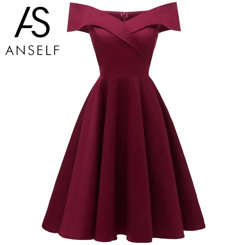 Anself элегантное женское платье с открытыми плечами, вырез лодочкой, короткий рукав, одноцветное Плиссированное винтажное платье, Коктейльные Вечерние трапециевидные платья