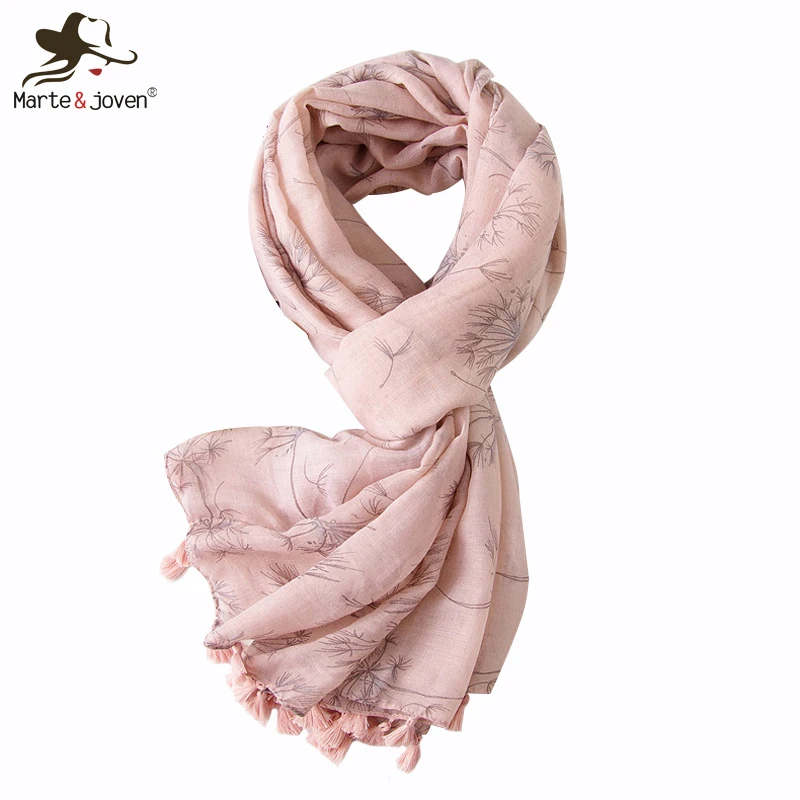 Marte& Joven модный розовый шарф с принтом одуванчика и кисточками для женщин, элегантные весенне-Осенние Теплые шали из пашмины, прекрасный женский хиджаб
