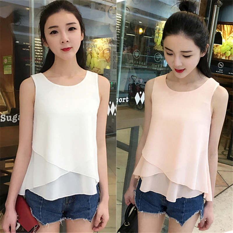 Banerdanni 2017 summer Sexy Casual women's shirt Solid color Red Chiffon blouse Plus size S-4XL sleeveless Loose female Tank Top