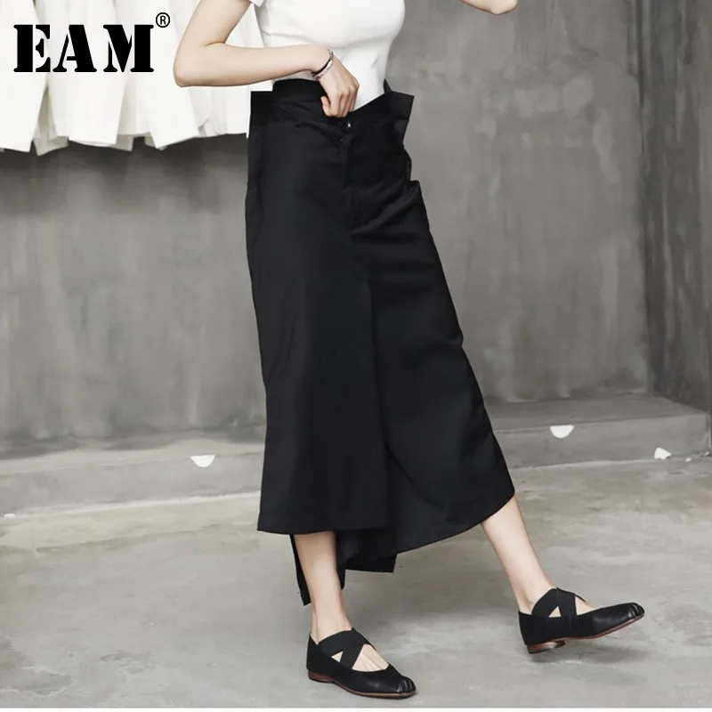 [EAM] новые осенние зимние черные Асимметричные свободные длинные широкие брюки с высокой талией, женские брюки, модные JL448