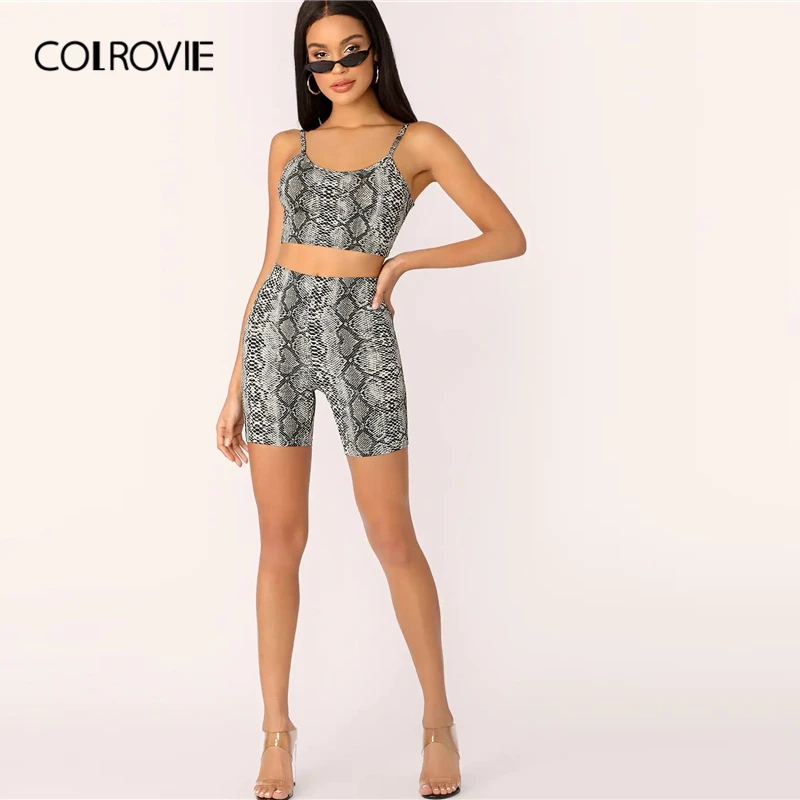 COLROVIE, круглый вырез, животный принт, змеиная кожа, укороченный топ на бретелях и леггинсы, шорты, костюм, набор, женский,, без рукавов, сексуальный комплект из двух предметов
