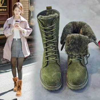 

New winter 2018 vintage leather thick-soled snow boots for women with soft soles and fleece warm boots warm fashion