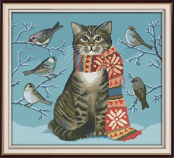 

Cat and birds Printed Canvas Cross Stitch Kit Home Decoration 11CT Fabric 14CT Canvas DMC Embroidery Needlework Cross-stitch set