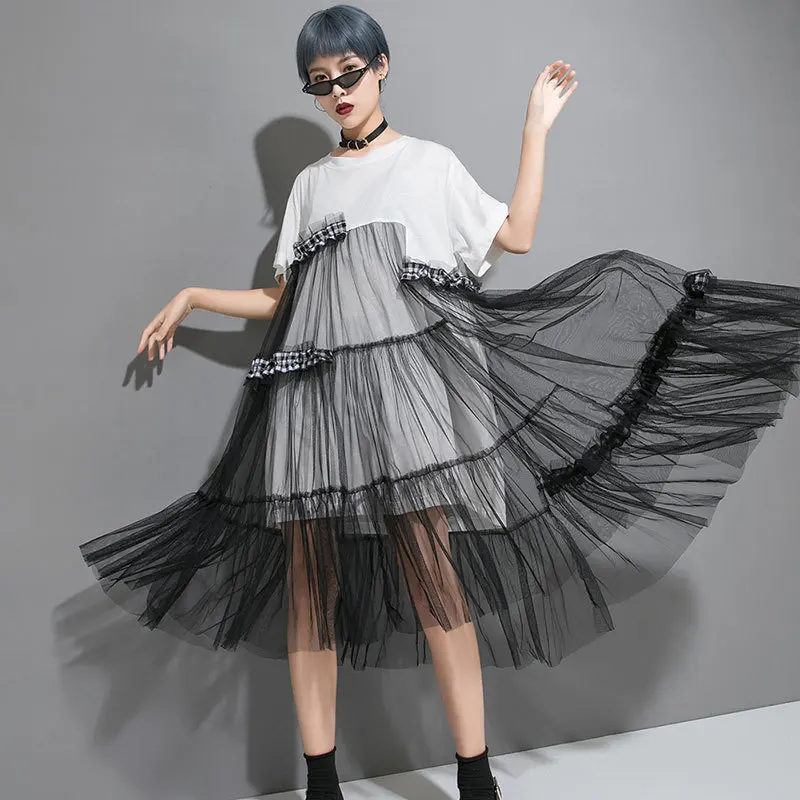 LANMREM/2019 летняя новая стильная модная женская одежда с круглым вырезом и короткими рукавами, сетчатые Лоскутные свободные платья большых