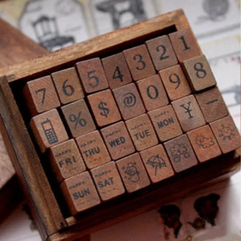 

Wooden Boxed Vintage 28Pcs Handwritten Digital Weather Kids Gift Number Seal DIY Card Diary Accessories Wood Number Week Stamp