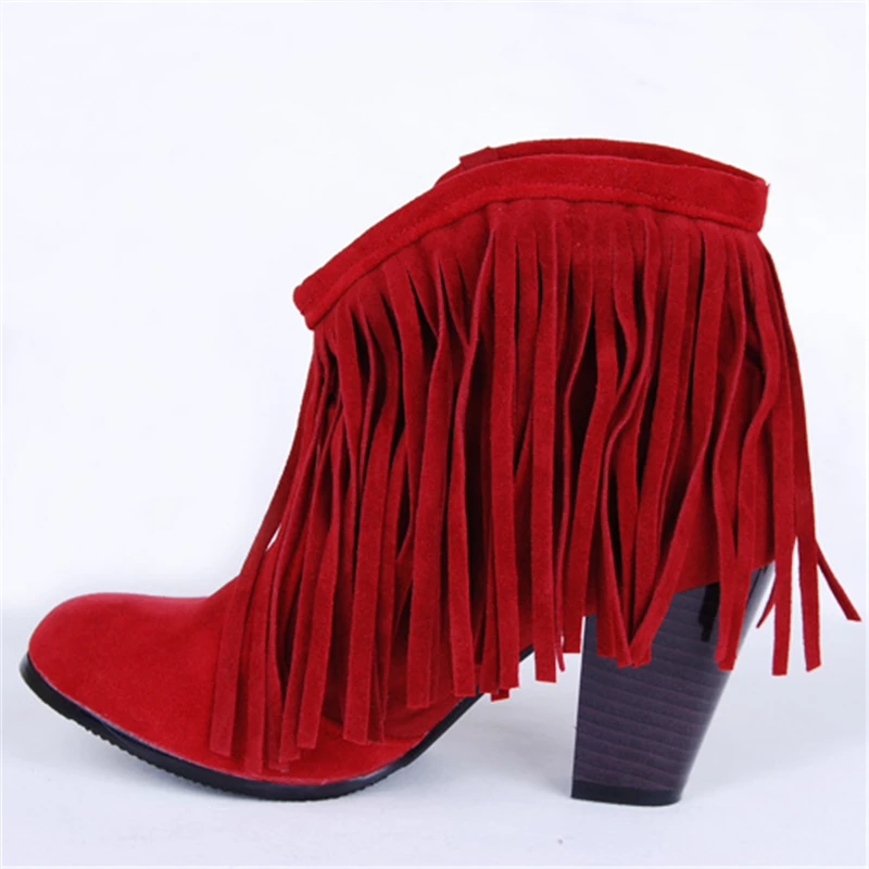 KARINLUNA/Женская обувь на высоком каблуке с бахромой размера плюс 48, черного, коричневого и розового цвета г. Женские ковбойские ботинки винтажные ботильоны с бахромой