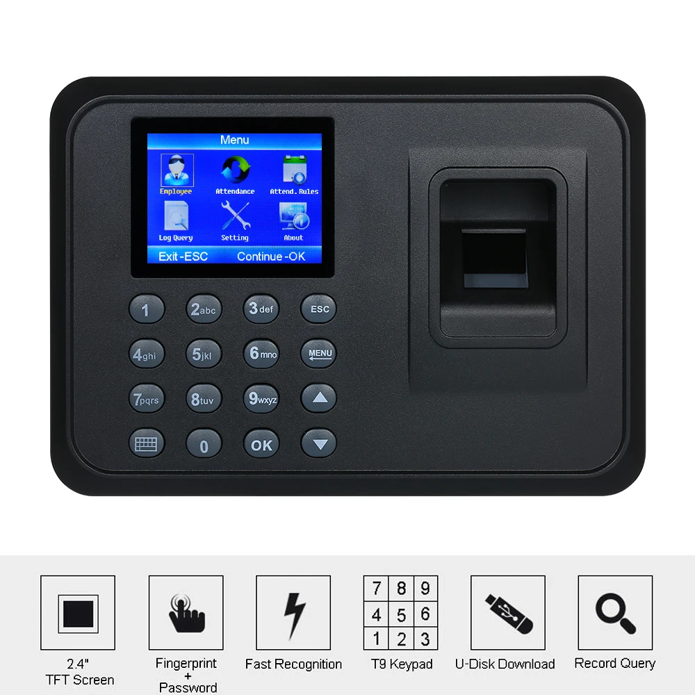 

2.4" TFT LCD Display Fingerprint Attendance Machine USB Biometric Employee Checking-in Reader Time Clock Recorder DC 5V/1A