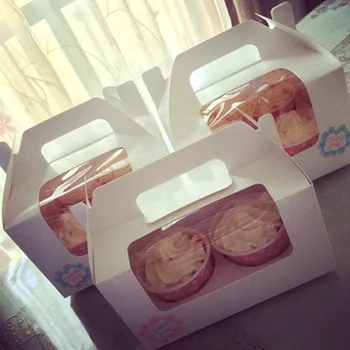 

300pcs/lot White Paper 4 Cupcake Box With PVC Window And Handle Muffin Box Cake Holder Party Packaging Free Shipping ZA3849