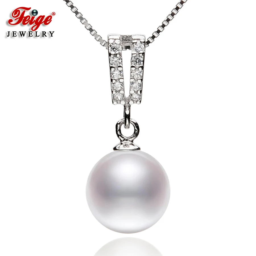 FEIGE High Quality 925 Sterling Silver Necklaces & Pendants with 9-10mm Round Freshwater Cultured Pearl Jewelry for Women's