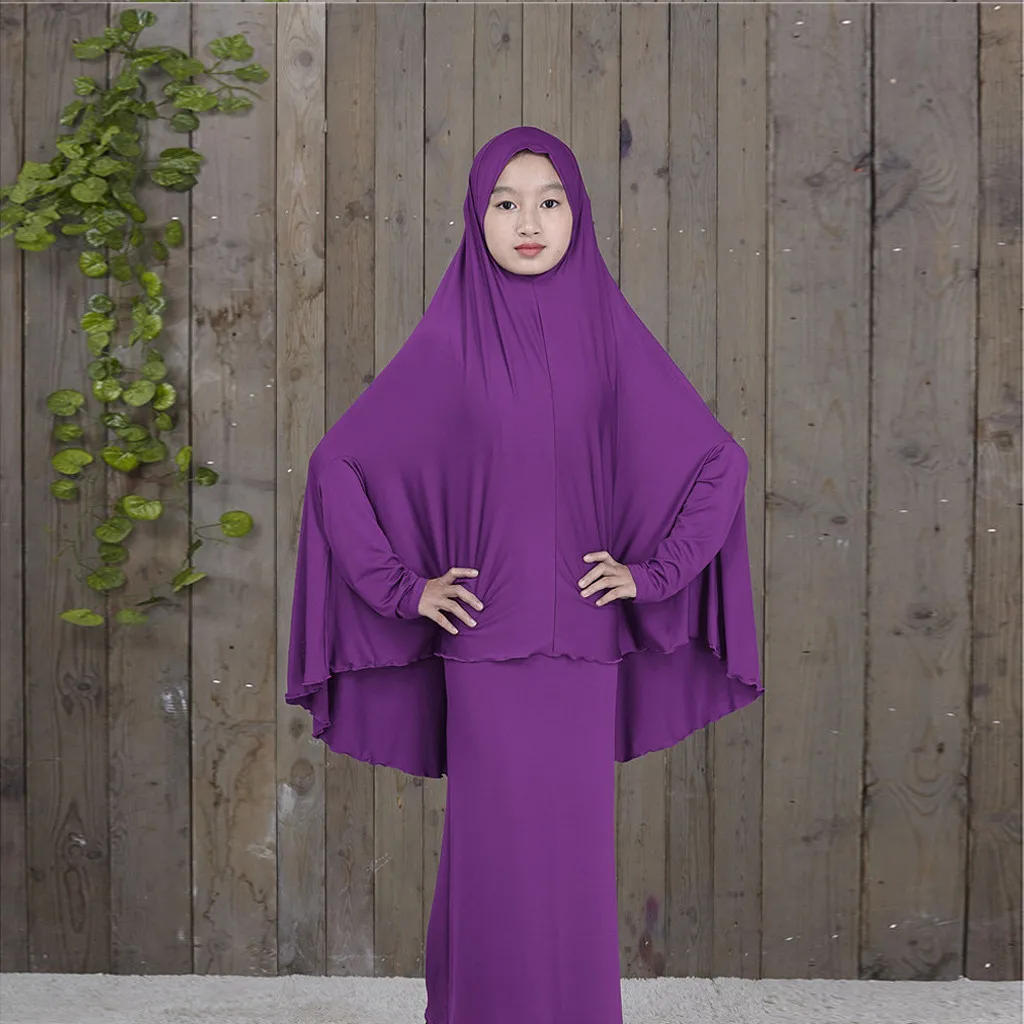 

women's dress Muslim Arab Middle Eastern Teen Girl Solid Color Simple Dress Two-Piece Suit Abaya a0318