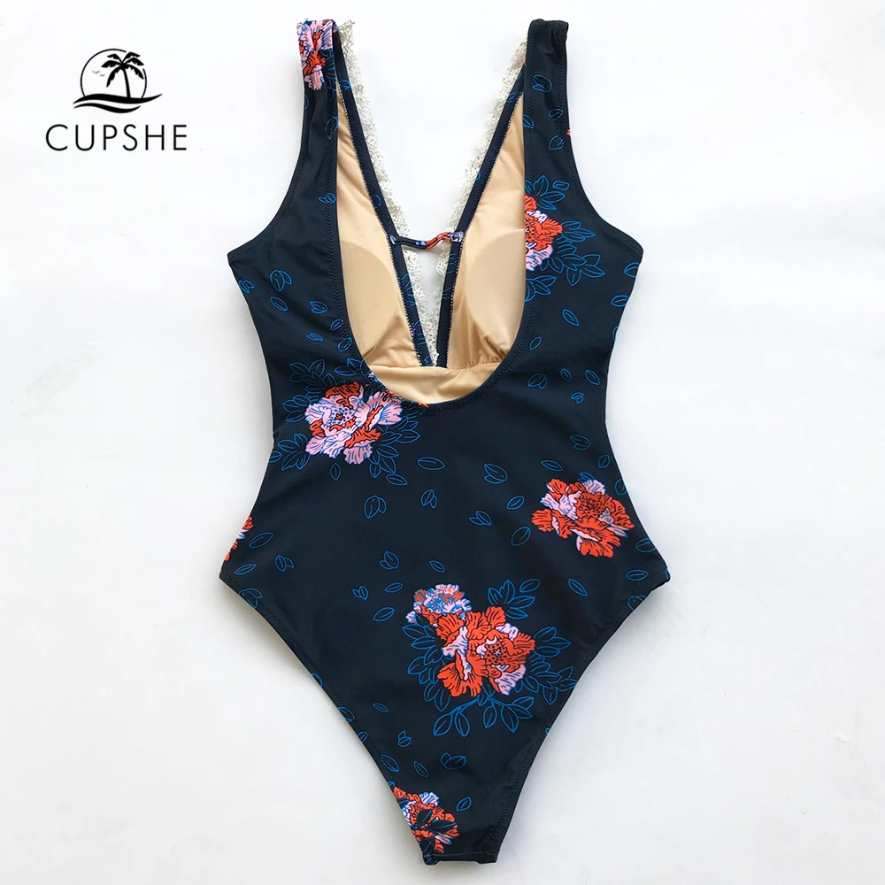 Preise CUPSHE Navy Blau Flora Druck Spitze einteiliges Badeanzug Frauen V ausschnitt Raffen Backless Monokinis 2020 Strand Badeanzug Bademode