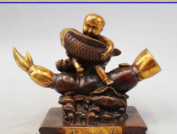 

10" Chinese Bronze Gild Boy Tong Zi armful Fish Seat Lotus Root Wealth Statue