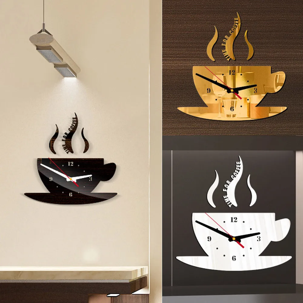 Кофейная форма съемные Diy акриловые 3d зеркальные настенные часы модные современные Horloge Часы настенные наклейки для гостиной декоративные часы
