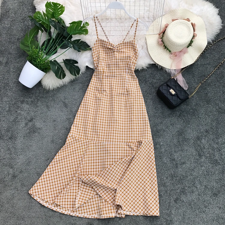

Fashion Backless Long Dress Women Casual Strapless plaid High Waist Dress Female Summer Sexy Club Holiday Party Dresses G529