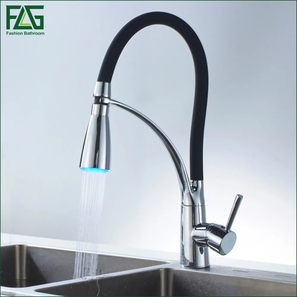 FLG Black and Chrome Finish Kitchen Sink Faucet Deck Mount Pull Out Dual Sprayer Nozzle Hot