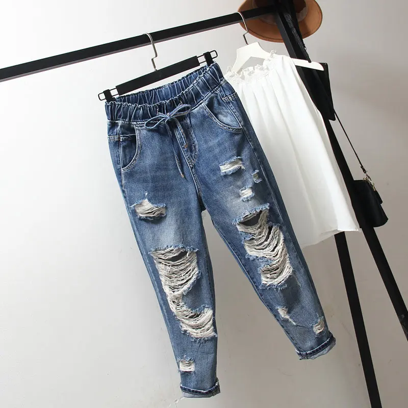 Большие размеры 4XL уличная рваные джинсовые рваные джинсы для женщин со шнуровкой Джинсы бойфренда Femme Повседневные потертые шаровары женские C5393