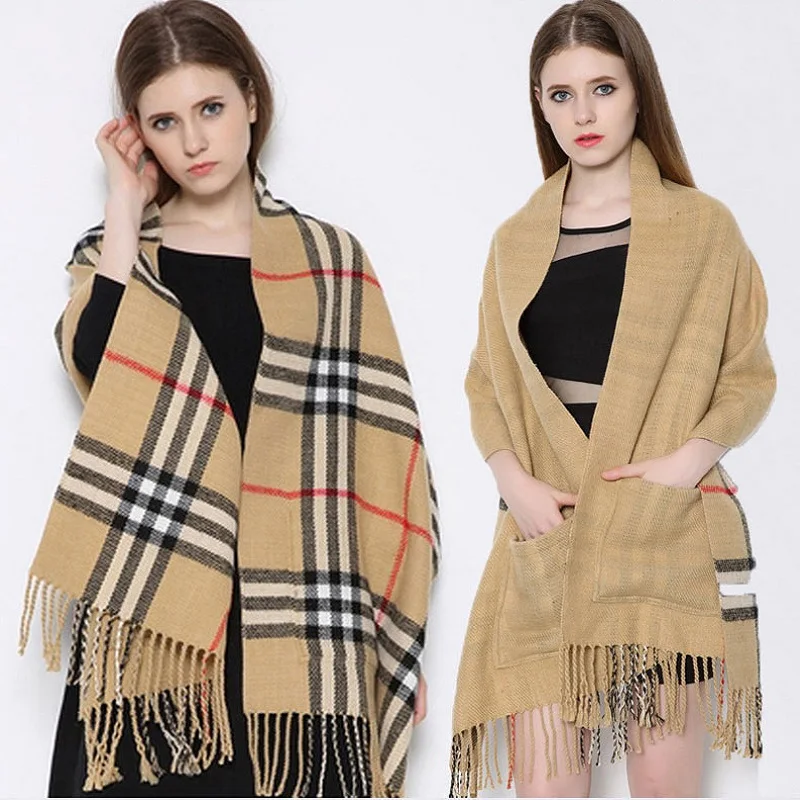 New Brand Pocket font b Tartan b font Tassel Cashmere Scarfs Pashmina Double Faced Fashionable Women