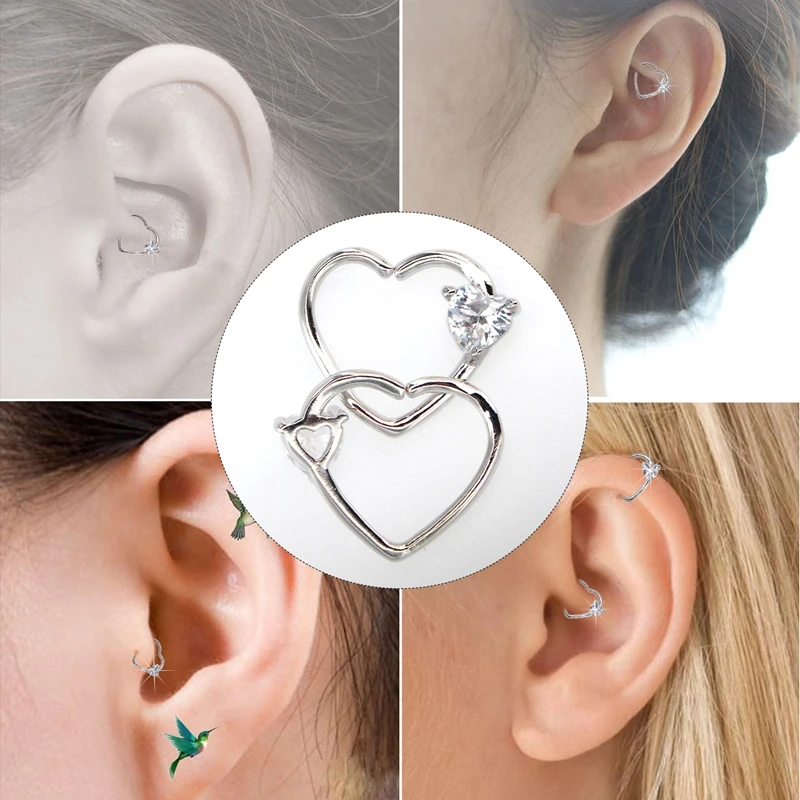  BODY PUNK Jewelry Heart CZ Left Closure Daith Cartilage 16 Gauge Heart Tragus Earrings 5 Colors Micro Circular Barbell Nose  (1)