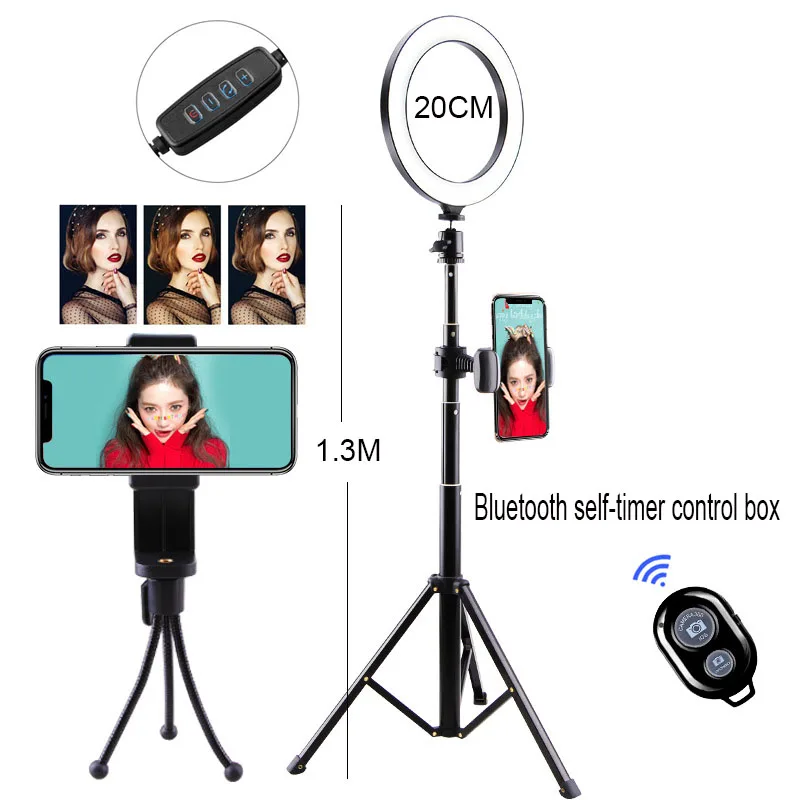 Светодиодный кольцевой свет 20 см лампа приглушаемая Фотографическая студия видео-, фотокамера с 130 см штатив Bluetooth селфи палка - Цвет: 20cm Bluetooth  A
