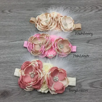 

15pcs/lot Handmade Satin Flower Headband Matching Rhinestone Feather Headband for Babys Infant Hair Accessory