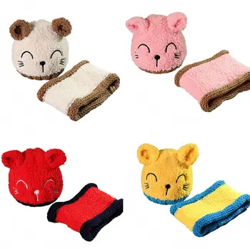 

Baby Girls Boys 0-3Y Hat+Scarf set Toddler Cute Baby Hat Caps Knitted Children's Cartoon Soft Warm Cat Ear Hats Ring Scarf C