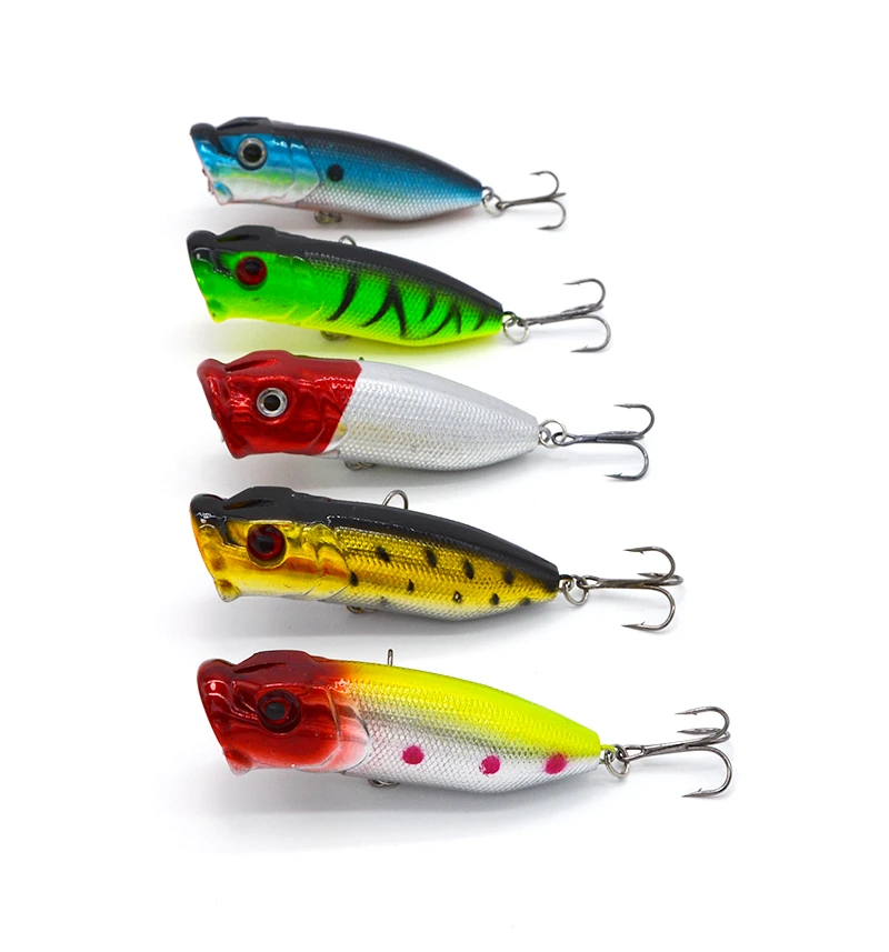 

5Pcs/lot Artificial Bait Popper Fishing Lures Bait Crankbait Wobblers Tackle Isca Poper Japan Two Black Hooks With 3D Eyes