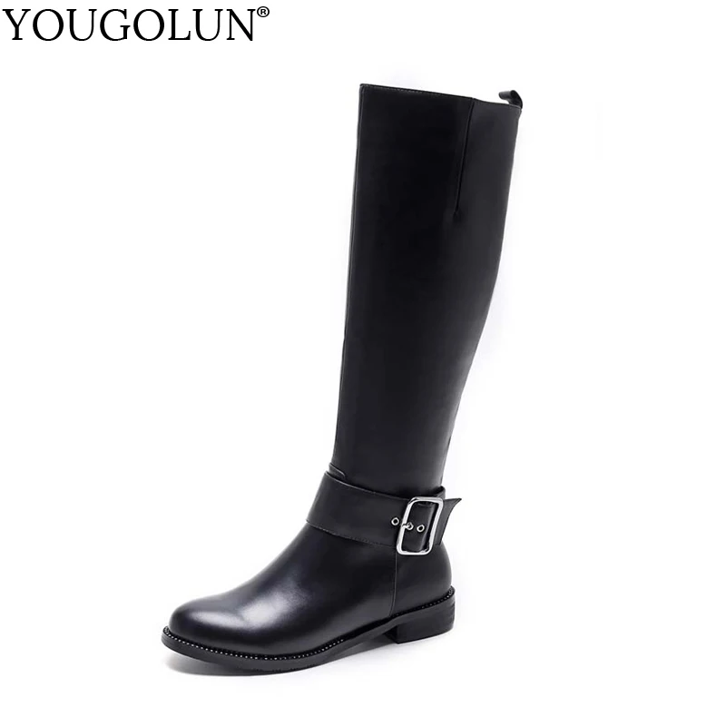 YOUGOLUN Women Knee High Boots Winter Genuine Cow Leather Low Heel 3 cm Square Heels Black Buckle Crystal Round toe shoes #Y-203