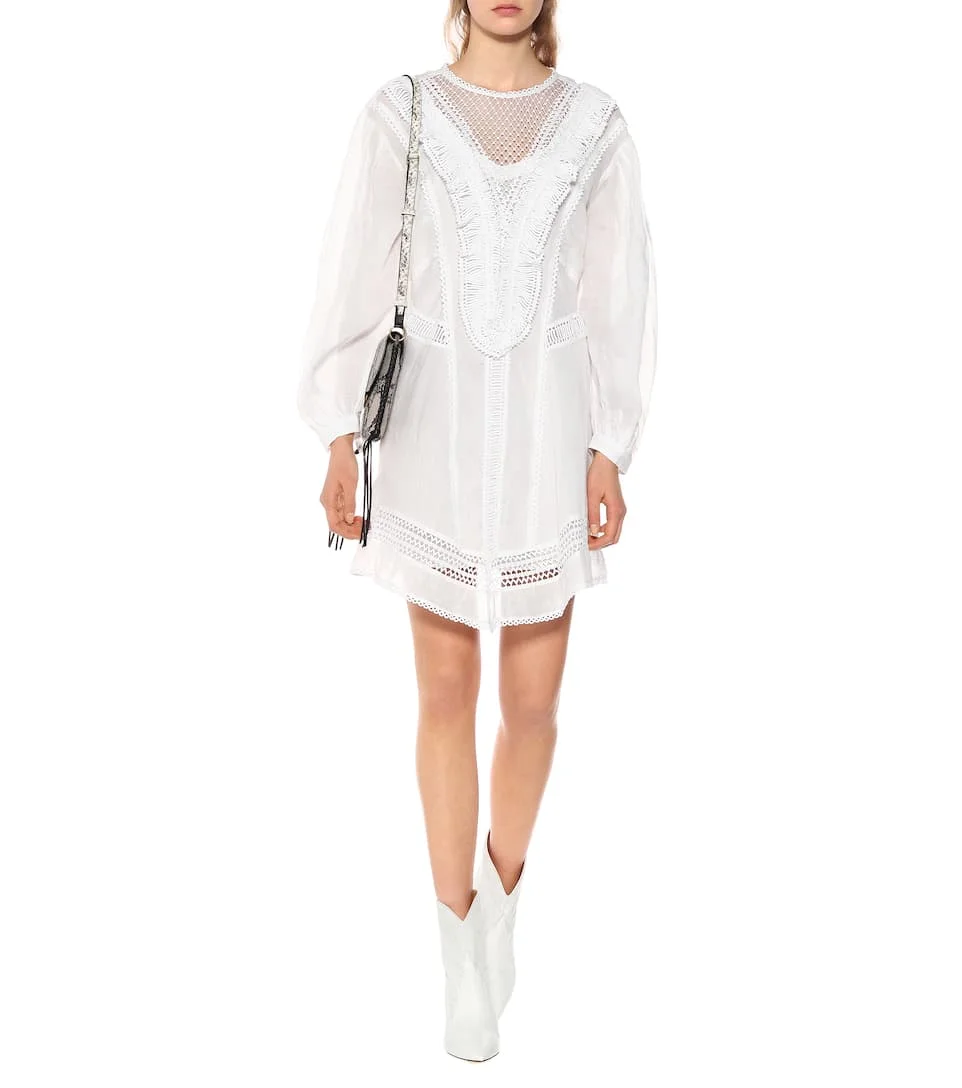 

Woman ROWINA Linen Short DRESS Embroidered top Long sleeves Round neck sheer V panel on chest Lace Insert Long Puff Sleeves