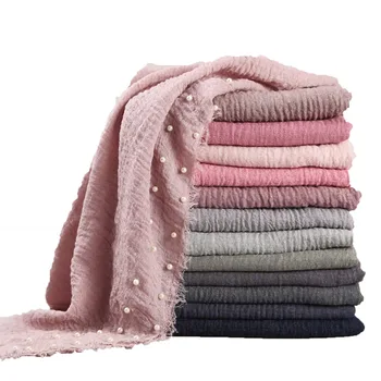 

55 color New Designs Cotton Scarf beads bubble pearl Wrinkle shawls hijab drape stitching fringe crumple muslim scarves/scarf