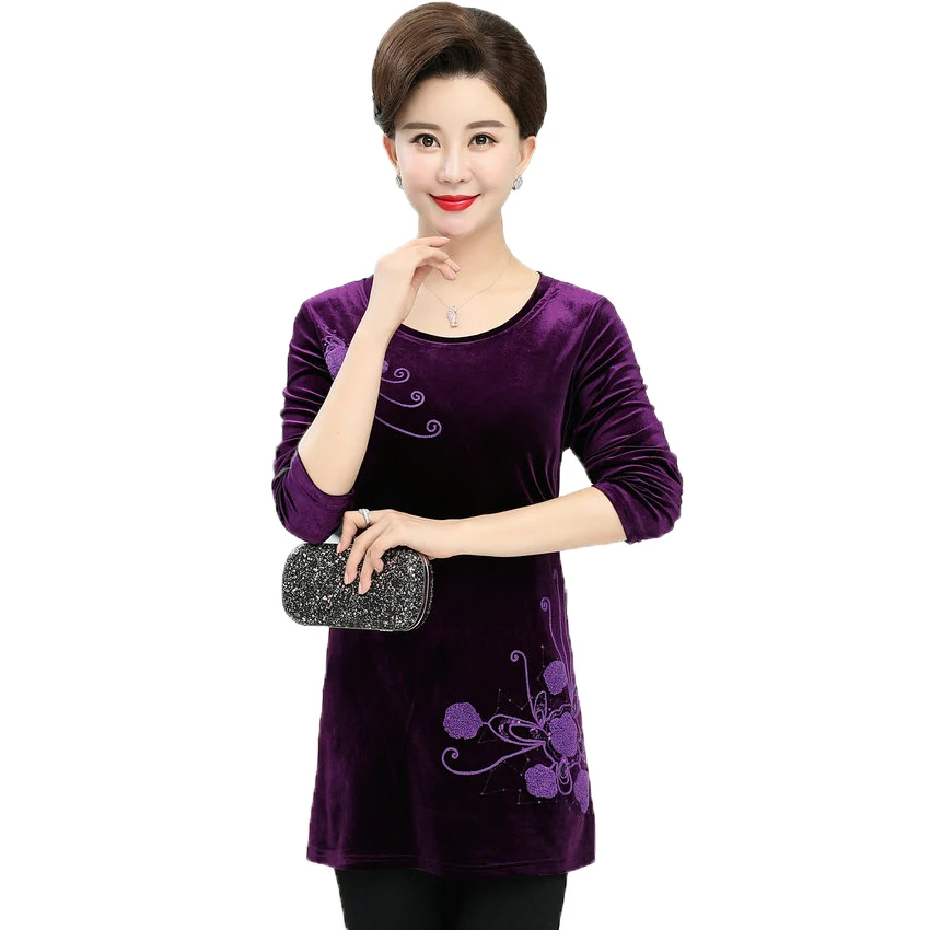 

Middle Aged Women Sequined Blouse Green Purple Red Flower Velvet Tops Woman Casual Tunic Mature Ladies Velour Blouses Mother Top