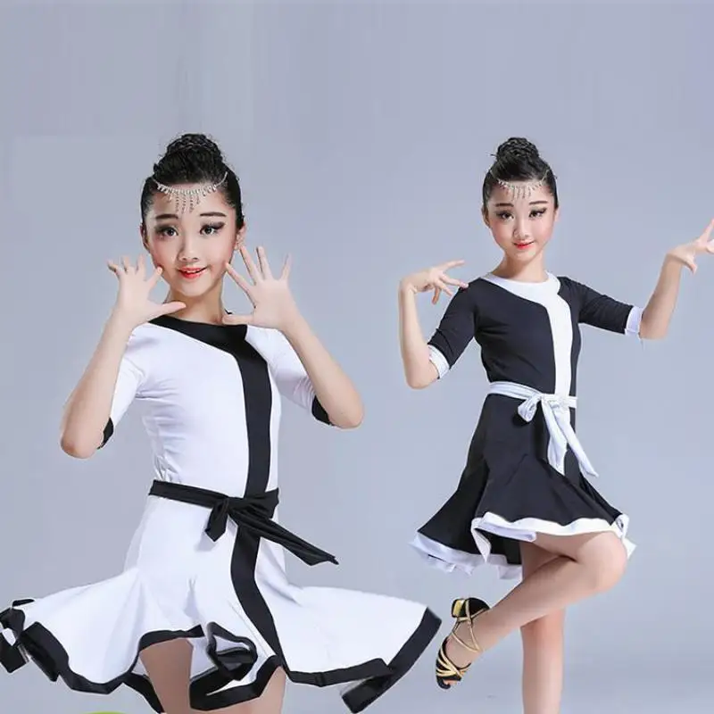 2019бант, средний рукав, для детей, Румба/Самба/Танго, стандартная черная/белая юбка для девочек, платья для латинских танцев, бальное платье для танцев