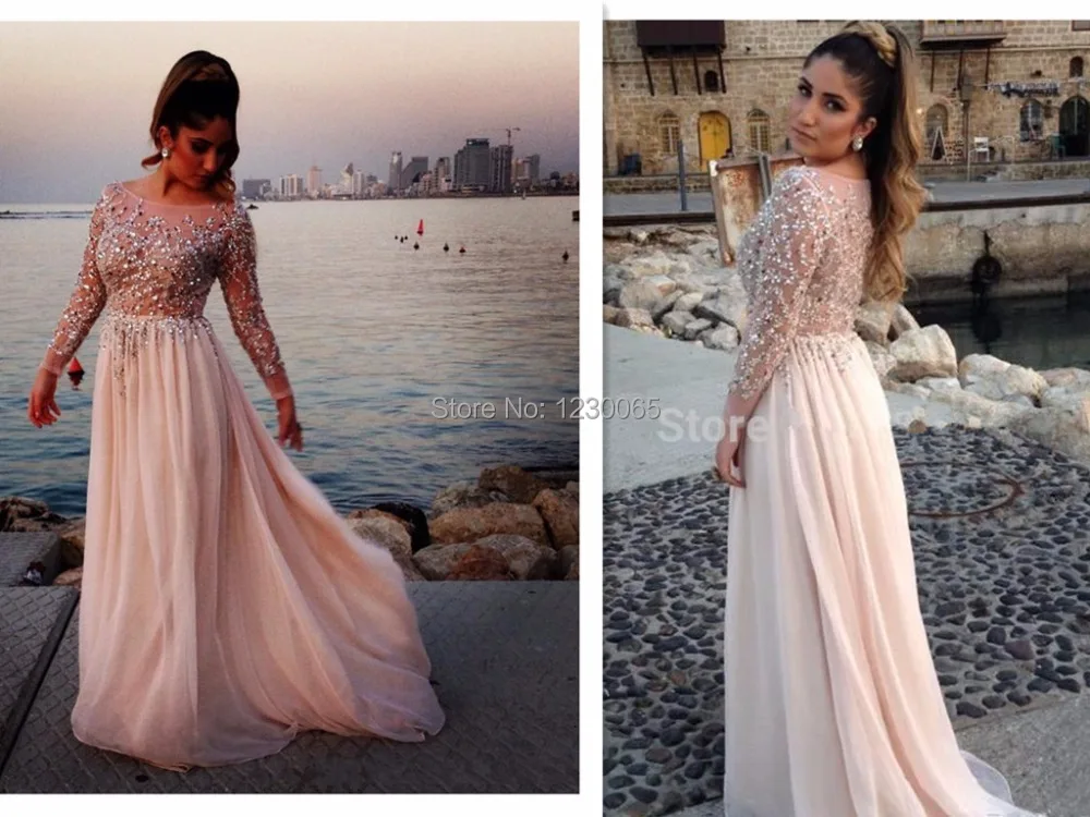 

2015 Gorgeous Crystal Beaded Elie Saab Prom Dresses Sheer Scoop Neck Long Sleeves A-Line Chiffon Evening Gowns Pageant Dress