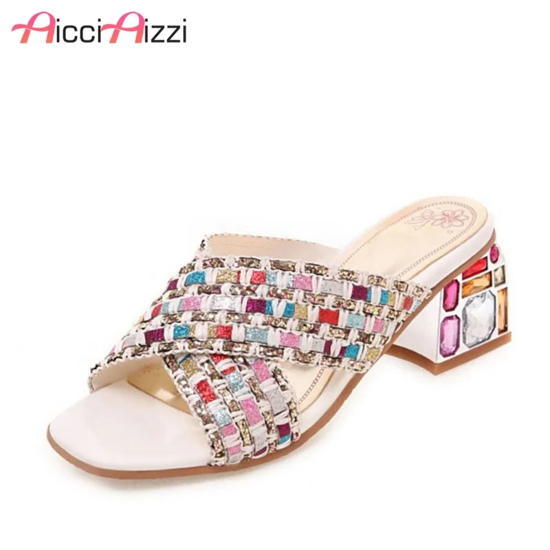 

AicciAizzi Summer Sandals Women Crystal Square Heels Slippers Open Toe Bling Daily Holiday Beach Shoes Women Footwear Size 33-46